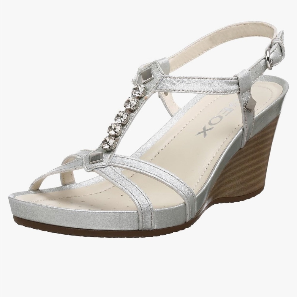 Geox Silver Rhinestone Studded Sandal Wedge